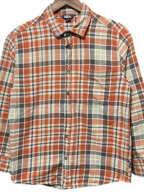 orange tan white black Eddie Bauer long sleeve button up work flannel shirt top